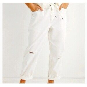 Aerie XL Pull on Jogger Style Denim Distressed Adjustable Waist Off White Casual